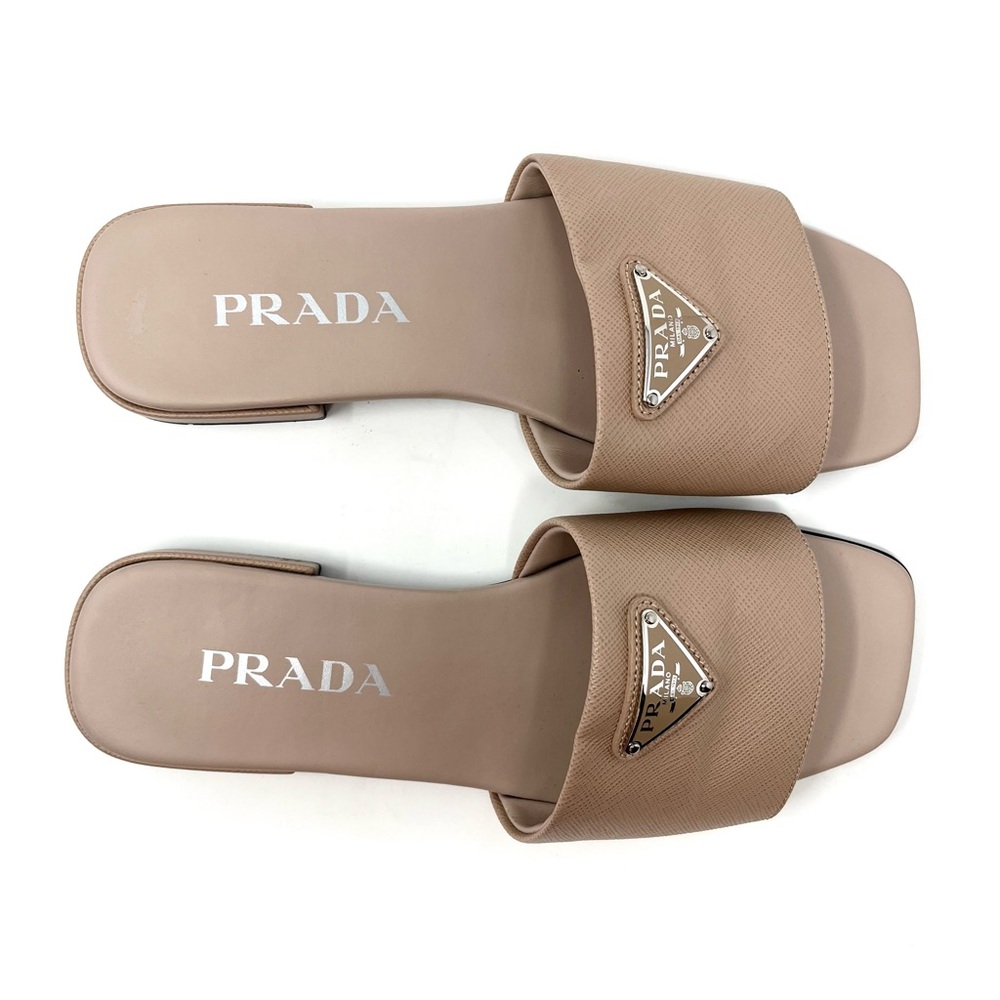 Prada Beige Nude Tan Saffiano Leather Triangle Logo Flat Slides Sandals 37 7 - Picture 4 of 10